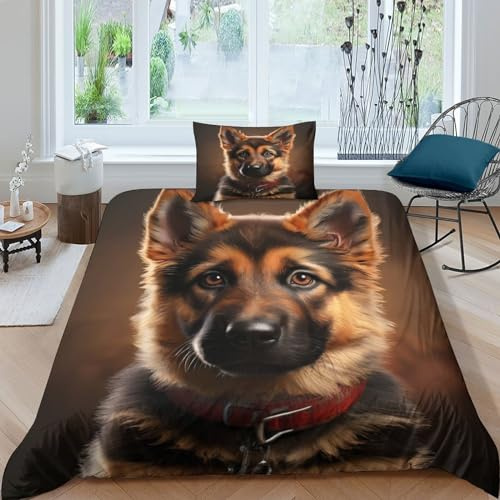 TNFHSOFT Deutscher Schäferhund Bettwäsche Premium Atmungsaktive Angenehme Baumwolle Bettbezüge, Mit Reißverschluss Bettdeckenbezug, 3teilig Bettbezug + Kissenbezug