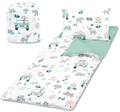 Schlafsack Kinder mit Kissen und Reißverschluss für Baby 3-7 Jahre - 140 x 75 cm Kinderschlafsack Indoor für Kindertagesstätte Kindergarten Deckenschlafsack Oeko-Tex Salbeifarbe
