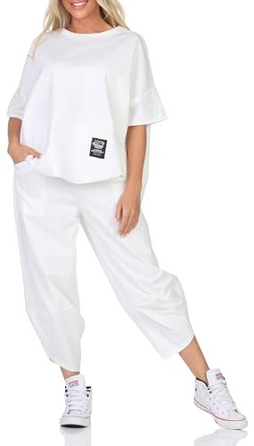 simaranda Damen Jogginganzug Zweiteiler für Freizeit und Sport Trainingsanzug Hausanzug Hoodie und Hose 6170 (Weiß, 36-42)