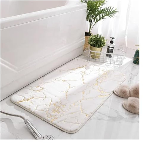 Fasksh Badematten für Badezimmer, luxuriös, rutschfest und weich, saugfähig, für Küche und Innenbereich, Weiß und Gold, 60 x 90 cm