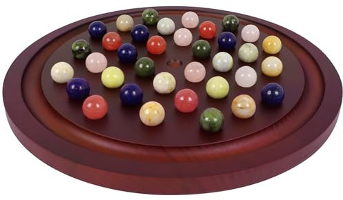 Large Solitaire Game Handmade Solid Wooden Marble Board Game Set with 36 Natural Marble Marbles Classic Thick Round Board Games for Adults Game Night (Large, Red Walnut)