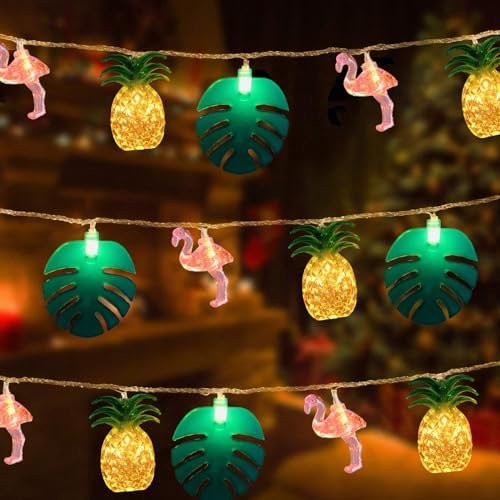 Riaxuebiy 20 LED 9,8 pieds Guirlande lumineuse flamant rose, ananas, palmier, alimentée par piles pour la plage, l'été, la plage tropicale, la décoration de fête hawaïenne