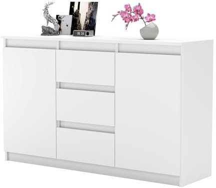 MartHome Moderne Kommode ALEXO - 120cm Breit, 75cm Hoch, 3 Schubladen, 2 Türen, Robuste Laminat-Konstruktion, Vielseitig für Wohnzimmer, Schlafzimmer, Home-Office Weiß Matt
