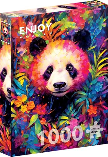 1000 Pieces Jigsaw Puzzle – Matte Finish, Soft Touch, Sturdy and Unique Pieces, Tight Fit, Vivid Colors, Missing Pieces Service – Cute Panda Bear and Flowers in Oil Painting Portrait – by ENJOY Puzzle