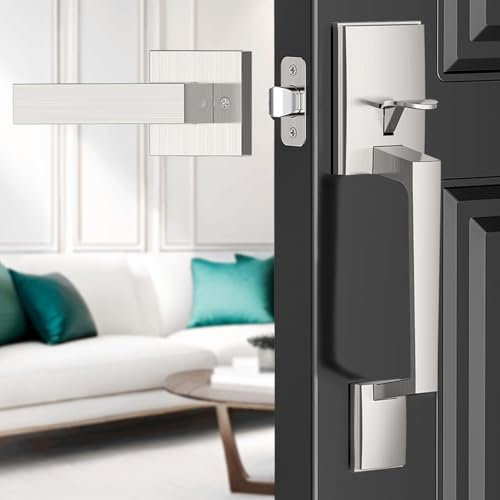MAXECURITY Front Door Handle, Silver Exterior Door Handle with Reversible Lever, Modern Front Entry Door Handle for Right or Left Handed Doors, Front Door Handle No Lock, Satin Nickel