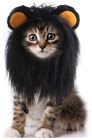 HKYFNNBW Löwenmähne Perücke für Katzen, realistisch, lustig, Haustier-Katzenkostüme für Halloween, Weihnachten, lustige Cosplay-Kleidung für Hunde, Katzen (schwarz, 28 cm)