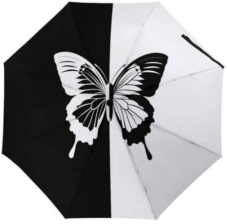 Hearda Parapluie Pliant Manuel, Motif Papillon 3D Parapluie Coupe Vent 8 Côtes Parapluie de Voyage Anti UV Parapluie Résistant au Vent Imperméable pour Homme Femme Enfant (Noir Blanc)