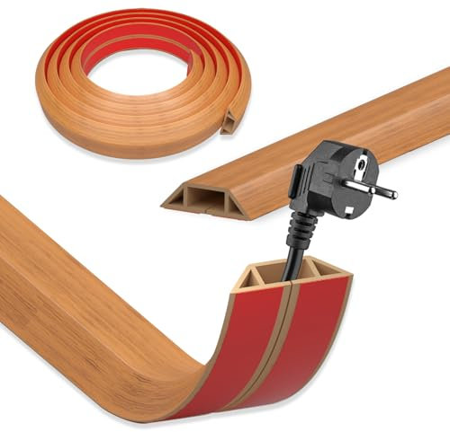 DIKARIYA Cache Cable Sol Bois, 1mx50mm Passage de Cable au Sol, Petit Canal de Câble Flexible, Protege Cable Sol, PVC Goulotte Passe Cable Sol, Cache Fil Électrique Auto-Adhésif pour Tous Les Câbles