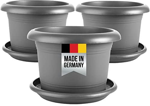 SUSTANIA 3er Set Blumentopf Groß mit Untersetzer, 40 cm Durchmesser, Anthrazit, Pflanzkübel Groß Außen, Blumenkübel außenbereich, Pflanztopf groß außen, Wetterfest, Made in Germany