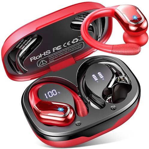Auriculares Inalámbricos Deportivos Bluetooth 5.4, 75H Cascos con HD Mic, HiFi Estéreo, Cancelación Ruido ENC, IP7 Impermeable, Running/Rojo