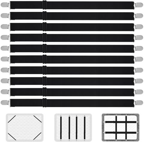 KOXXIAMOQ 10 Pcs Tendeur Drap Housse, Attache Drap Housse, élastique Sangle Matelas Réglables Jusqu'à 130 cm avec Pinces pour Draps-Housses Matelas Canapé Planche à Repasser (Noir)