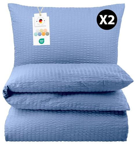 Carpe Sonno Seersucker Bettwäsche 135x200 Baumwolle 4teilig | Blaue Bettwäsche 4teilig Sommer Bettbezug 135 x 200 | Sommerbettwäsche Bügelfreie Bettwäsche-Sets | 4 teilige Bettwäsche 135x200 4teilig