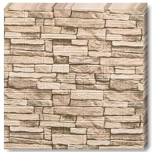 Selling Depot 3D Tapete Hellbraun Naturstein Optik - Set 10 Blatt (70x77cm, 5.3m²) Selbstklebend, Wasserdicht, Schalldämmend - Küche, Bad, Schlafzimmer, DIY Wand