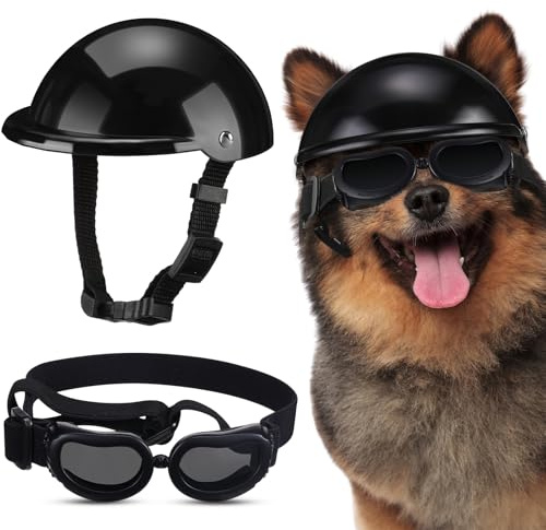 Frienda Casque de moto rembourré, 10,2 cm, et lunettes de soleil de protection UV, adorables lunettes pour chiens, avec sangle réglable pour petits chiens et chiots, M, Noir