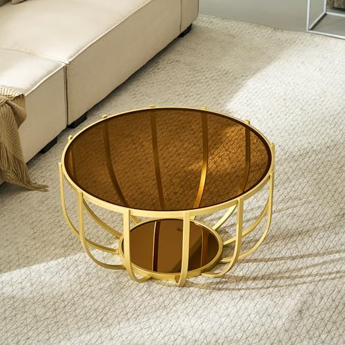 Saint Mossi Couchtisch, rund, 76,2 cm, mit brauner Glasplatte, braunes Spiegelregal
