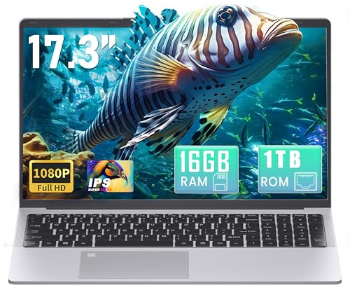 Fsjun 17.3 inch Laptop Silver, 16GB RAM, 1 TB SSD, 6500Y CPU up to 3.40 GHz | FHD IPS display, Fingerprint reader, Backlit keyboard, HDMI, WiFi, Notebook for Work/Home/Student/Business, UK keyboard cover