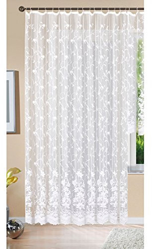 Gardine Store Langstore Jacquard Koblenz HxB 245x300 cm Kräuselband Universalband Weiß Blumenmuster Transparent Voile Vorhang Wohnzimmer