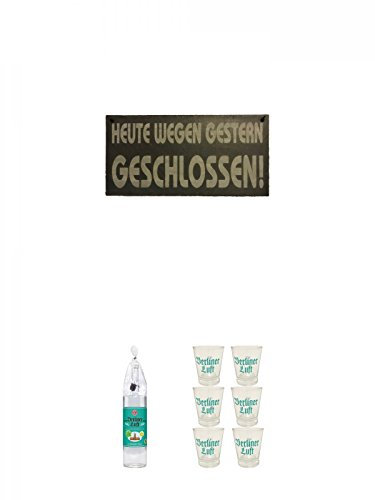 Schieferschild HEUTE WEGEN GESTERN GESCHLOSSEN mit Lederband und Lochung 20 x 40 cm + Berliner Luft Magnum Flasche Das Original 3,0 Liter + Berliner Luft Shot Glas 4cl 6 Stück