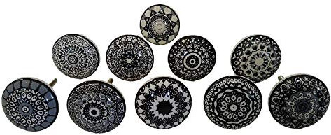 Lot de 10 boutons de porte en céramique style vintage shabby chic Noir et blanc