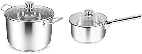 Penguin Home Stainless Steel 24x16cm/6L Stock Pot with Glass Lid, Mirror Finish, Large & 3002 Professional Induction-Safe Saucepan with Lid, Stainless Steel, 18 cm, 2 liters