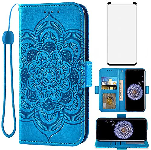 Asuwish Handyhülle für Samsung Galaxy S9 Plus Hülle mit Glas Folie Schutzfolie Kartenfach Klappbar Leder Geldbörse Ständer S9+ 9S + S 9plus 9 9+ S9plus Handy Hüllen Mandala Schutzhülle Phone Case Blau