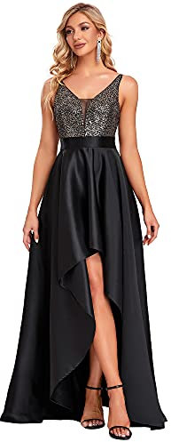 Ever-Pretty Damen V-Ausschnitt Ärmellos High Low Hohe Taille Cocktailkleider mit Pailletten Schwarz 48