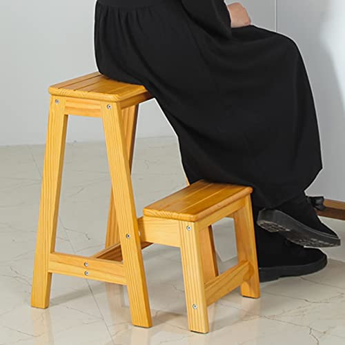 Wooden 2 Steps Ladder Stool, Portable Multifunction Foldable Step Stool Ladder Chairs for Indoor Outdoor Flower Stand Plant Stand