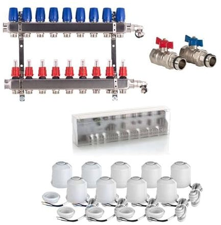 Heizkreisverteiler BASIC für Fußbodenheizung 9 Heizkreise Komplettset Verteiler, Kugelhahn, Stellantrieb, Anschlussleiste