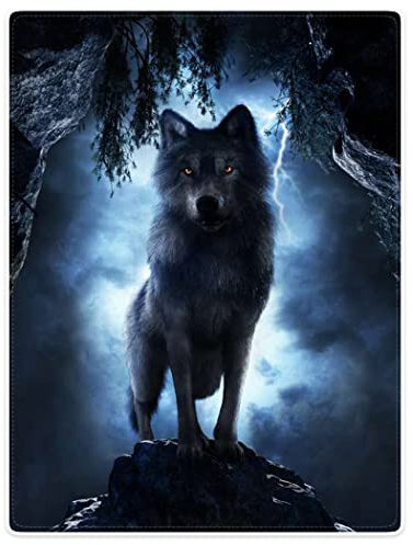 Violetpos 150 x 200 cm Flanell Decke Weich Fleecedecke Kuscheldecken SanftBettüberwurf Wolf Im Wald Blitz