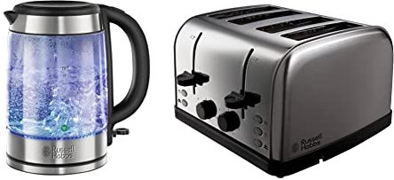 Russell Hobbs 21600-10 Illuminating Glass Kettle, Black, 1.7 Litre, 3000 Watt & 18790 Futura 4-Slice Toaster, 1500 W, Stainless Steel Silver, Four Slice