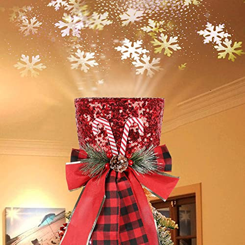 Christmas Tree Topper, MACTING Christmas Decoration 3D LED Rotating Snowflake Projector, Red Shiny Sequins Top Hat Christmas Tree Decorations