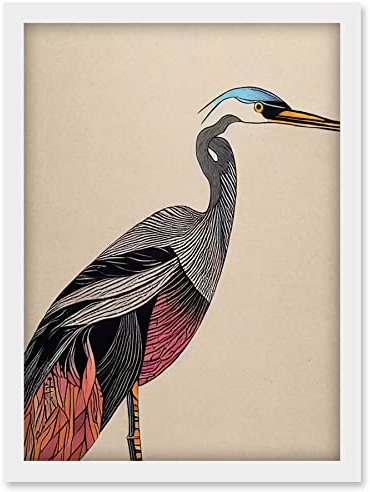 Doppelganger33 LTD Abstract Heron Bird Illustration Coral And Teal Hue Illustration Artwork Framed Wall Art Print A4