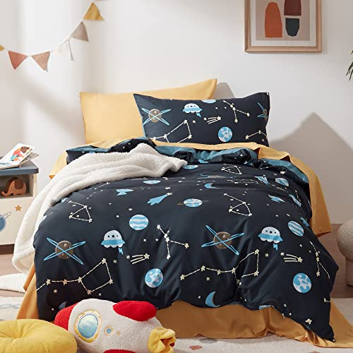 Sonive Duvet Cover Set 100x135 cm, Boys Cot Bedding Set | Pillow Sham 40x60 cm, Soft Microfibre Space Theme, UFO & Galaxy Design, Blue Starry Night Nursery Decor