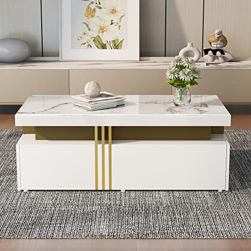 KecDuey Mesa Auxiliar 100 x 50 x 40 cm, Centro Moderna para Salón Con 2 Cajones de Madera, Nido Rectangular, Consola para Sofá Con Patrón de PVC (Blanco)