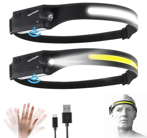 Stirnlampe LED Wiederaufladbar, Kopflampe mit Breitstrahl Stirnleuchte Aufladbar, stirnlampen, adventure light, 230 grad, usb c, 400 Lumen, 5 Modi, Bewegungssensor, Wasserdicht, Angeln (2, Schwarz-2)