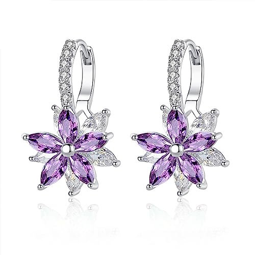 Josfeva Creolen Ohrringe für Damen, Klein Hoop Ring Huggie Kreolen, Blumen Klapp-Creolen mit AAA Zirkonia, Sommer Winter Silber Lila Ohrringe Creolen Mädchen, Hängeohrringe Ohrschmuck
