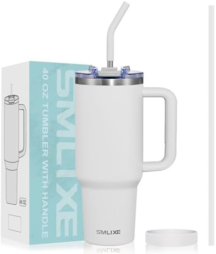 SMLIXE 40 oz Tumbler with Handle and Straw Lid,Insulated Reusable Stainless Steel Water Bottle Travel Mug，Cupholder Friendly Double Wall Vacuum Sealed Cup (Cold White), 40KFB