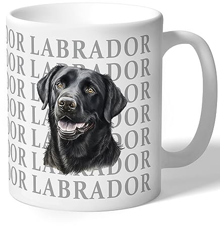 Dog Lovers Collection Black Labrador Mug Gift for Her, Him, Women, Men, Birthday, Christmas Ceramic 10oz/300ml (Face with Grey Text)
