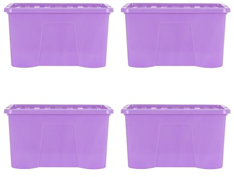 Wham Crystal Sparkle 4x 60L Plastic Storage Boxes with Lids Sparkle Lavender (Purple). Large Size, Strong (Pack of 4)