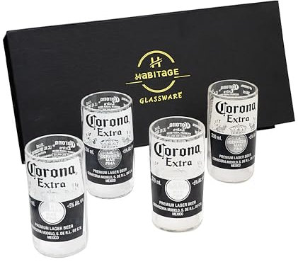 Habitage Set di 4 bicchieri Corona extra riciclati con confezione regalo, in vetro ecologico, realizzati a mano in bottiglie di birra, ideali per birra, cocktail, succhi di frutta, frullati, ideali