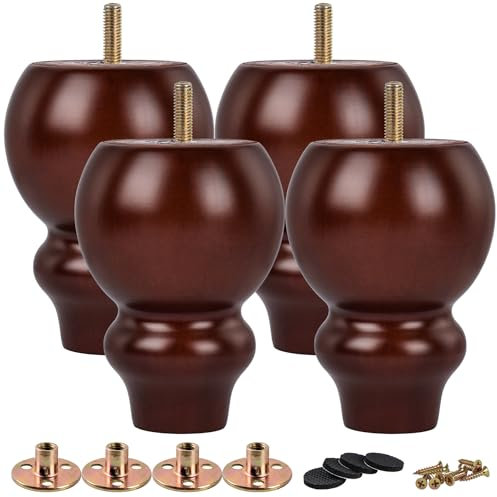 TCHOSUZ Lot de 4 pieds de meubles en bois massif tourné marron de 12 cm avec boulons de suspension M8 et écrous en T ou rehausseurs pour canapé, armoire, ottomane inclinable