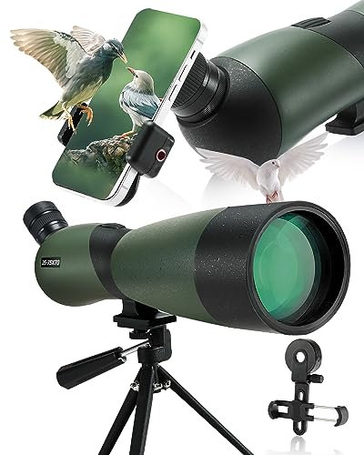Longue Vue, Zoom 25-75x70mm 52-94ft/1000m Lentille Optique Entièrement Multi Enduite Télescope de Conception à Oculaire Antibuée et Mobile avec kit de Montage Rapide pour Smartphone et Trépied (green)