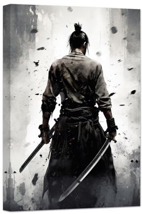 ZXHYWYM Japanischer Samurai Wanddruck schwarz weißer gepanzerter Samurai Leinwandbild Japan Krieger Poster Bushido Wanddekoration mit Rahmen (30.00 x 45.00 cms)