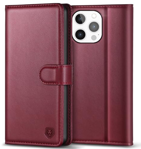 Kuafcase Compatible for iPhone 13 Pro Max Case with 4 Card Slots Magnetic Closure Kickstand Shockproof Protective Phone Case Compatible for iPhone 13 Pro Max - Wine Red