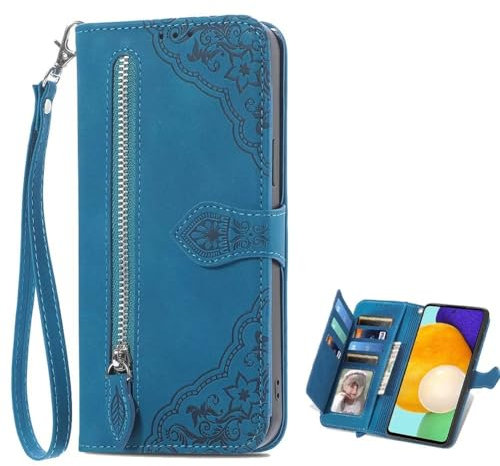 Hülle für Xiaomi Redmi 13C/Poco C65, Geprägtes Muster Reißverschluss Handyhülle mit 7 Kartenfächer Standfunktion Geldbörse Trageband Schutzhülle Flip Wallet Case für Xiaomi Redmi 13C/Poco C65-Blau