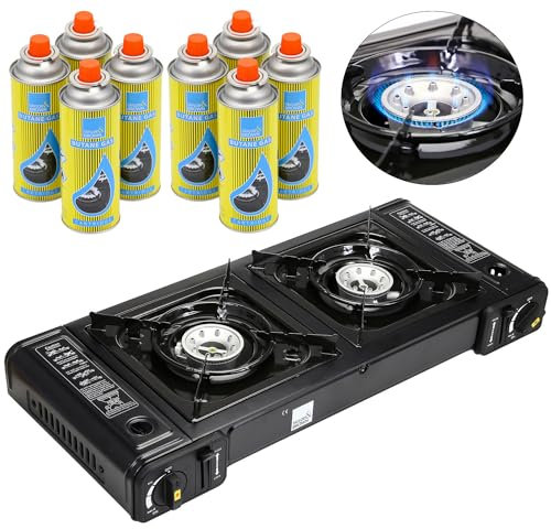 Taylor & Brown Black Portable Dual Burner Camping Stove with 8 Butane Gas | EN417 Compliant Premium Camping Stove Gas Portable | with Automatic Ignition & Heat Control