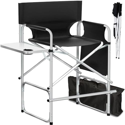 BRLJUNEO Make-up-Künstlerstuhl, 104 cm, faltbar, hoch, Regiestühle mit Beistelltisch, Getränkehalter, Aufbewahrungstasche und Fußstütze, tragbarer Make-up-Stuhl, 180 kg Tragkraft, Schwarz