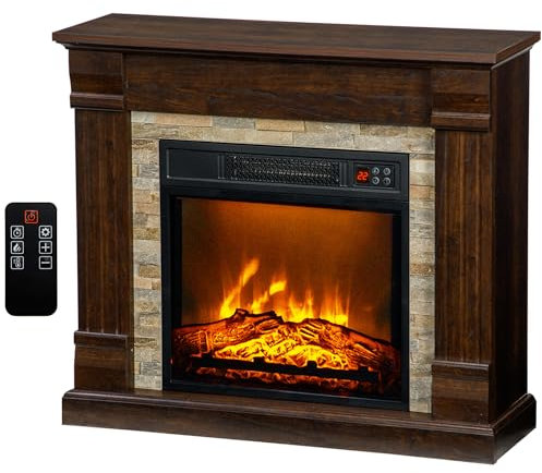HOMCOM Chimenea Eléctrica 1800W Chimenea Decorativa con Efecto de Llama Mando a Distancia Temporizador Termostato Protección contra Sobrecalentamiento para Sala 30 m² Marrón Oscuro