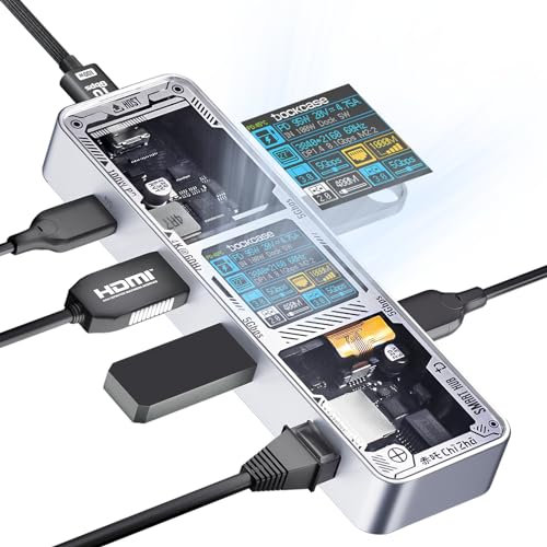 DOCKCASE Explorer Edition Smart 6-en-1 Hub USB C, 1 Gigabit Ethernet, Adaptador USB C HDMI 4k@60hz, PD 3.0 100w, 2 USB-A 3.2, 1 USB-C, Dock Station (Plata Brillante)