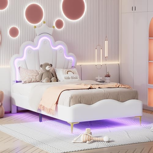 MQLAE Polsterbett 90x200cm, kronenförmiges Prinzessinnenbett, weiche Polsterung aus PU-Leder, Verstellbarer LED-Umgebungslichtstreifen, LED Bett mit lattenrost, Exquisit Mädchenbett, Weiß
